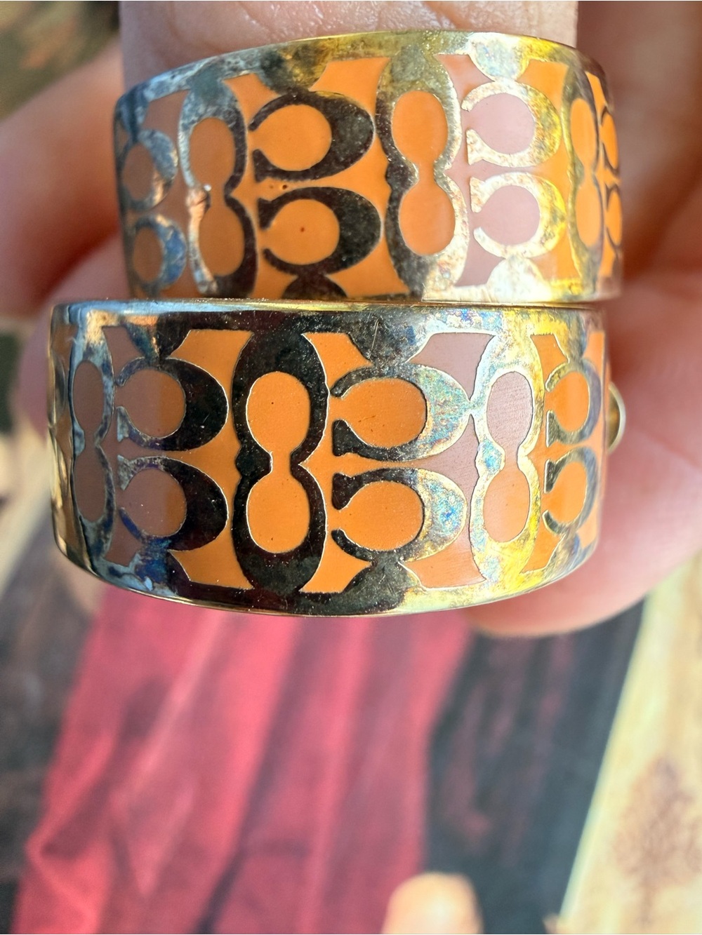 Coach Orange and Gold Cutout Hoop Earrings - Picture 4 of 5